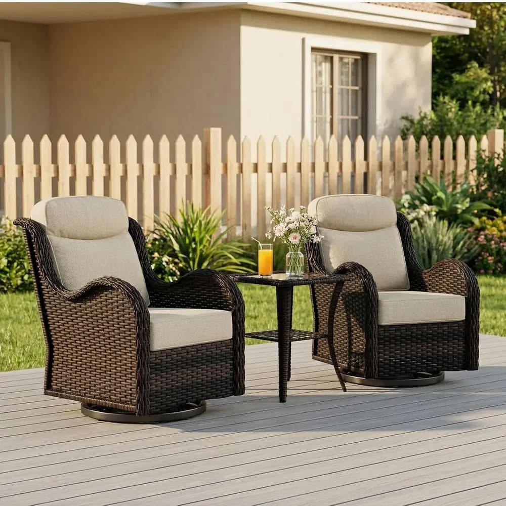 Set di 3 sedie girevoli da esterno con tavolino laterale in rattan, sedie a dondolo in vimini con schienale alto resistenti alle intemperie per patio, portico o terrazza, B
