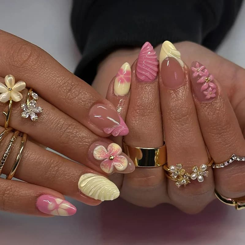 Almond Press on Nails Pink Cream Gradient 3D Ice Flower Fake Nails Glossy Pure Desire Bright Skin Detachable Elegant Manicure