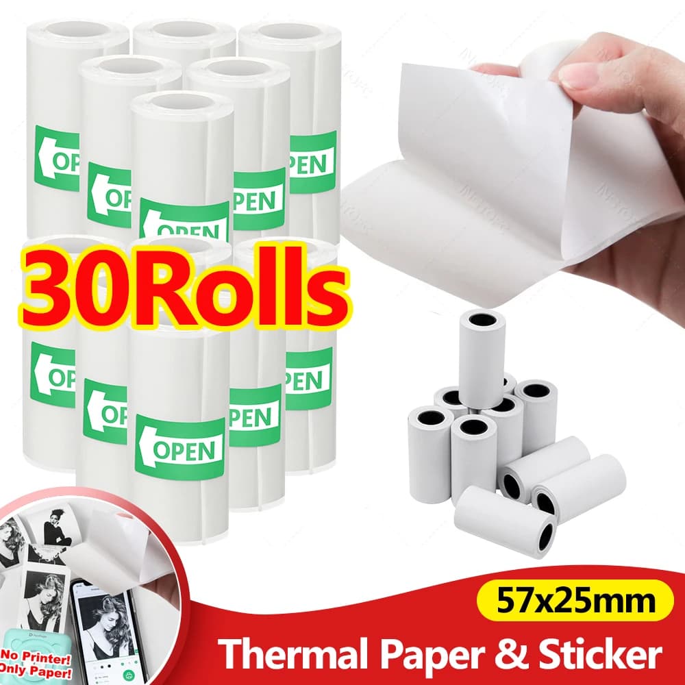30Rolls/pack 57*25mm Thermal Paper White Sticker for Receipt Photos Camera Instant Print Kids Camera Printing Paper Replacement
