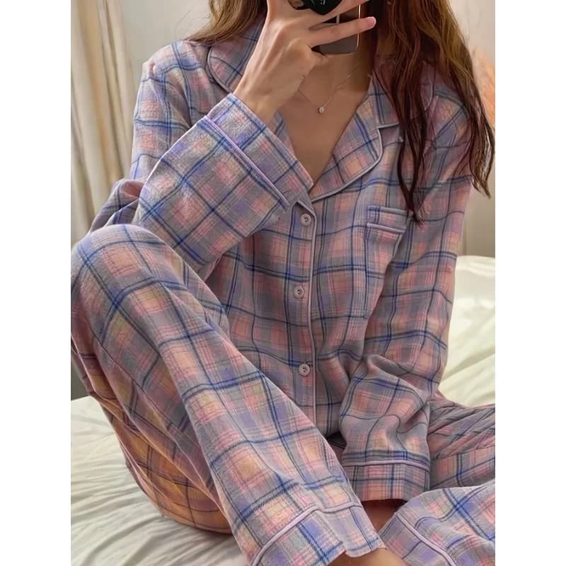 Classic Plaid Two Piece Pajama Set Autum Winter Soft Long Sleeve Shirt with Pockets Elastic Waistband Pants Cozy Soft Loungewear