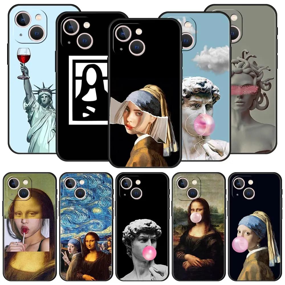 Art Aesthetic David Mona Lisa Luxury Phone Case For iPhone 13 15 14 12 Mini 11 Pro MAX XR X SE XS 7 8 Plus Silicone Black Cover