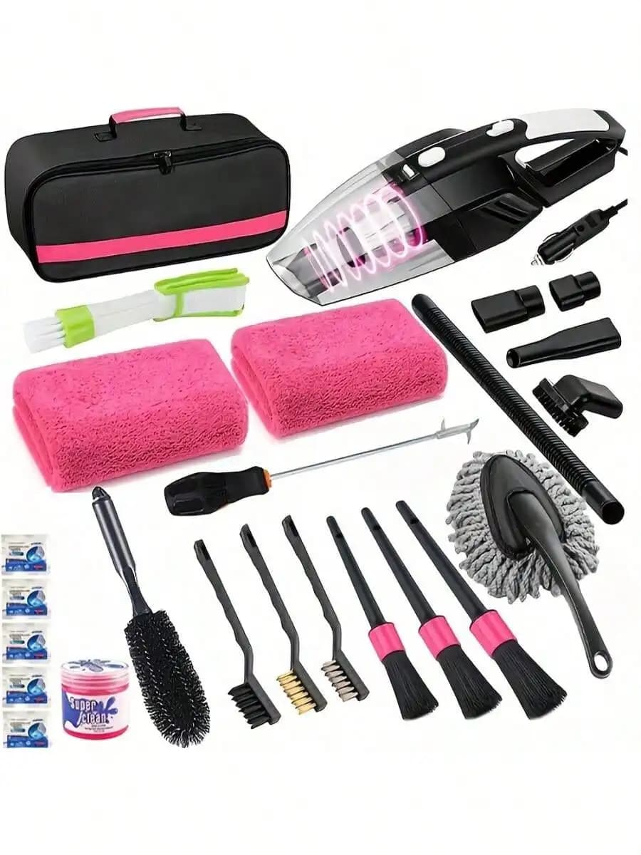 25pcs Car Cleaning Wash Kit Interior Detailing Set With High Power Handheld Vacuum Windshield Tool Gel Tire Brush Complete Car Care Tools Gift Kit