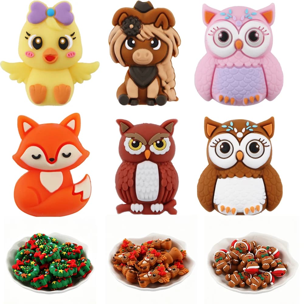 50/100/200Pcs Cartoon Animals Silicone Focus Beads Grade For Jewelry Making DIY Pen KeyChain Bracelet Necklace Accessories