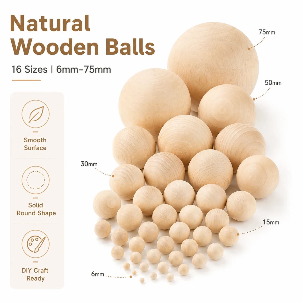 1-50 Pezzi Palline di Legno da 6mm-75mm, Perle di Legno Rotonde Non Finite per Fai da Te, Decorazione Casa, Pittura e Modellismo