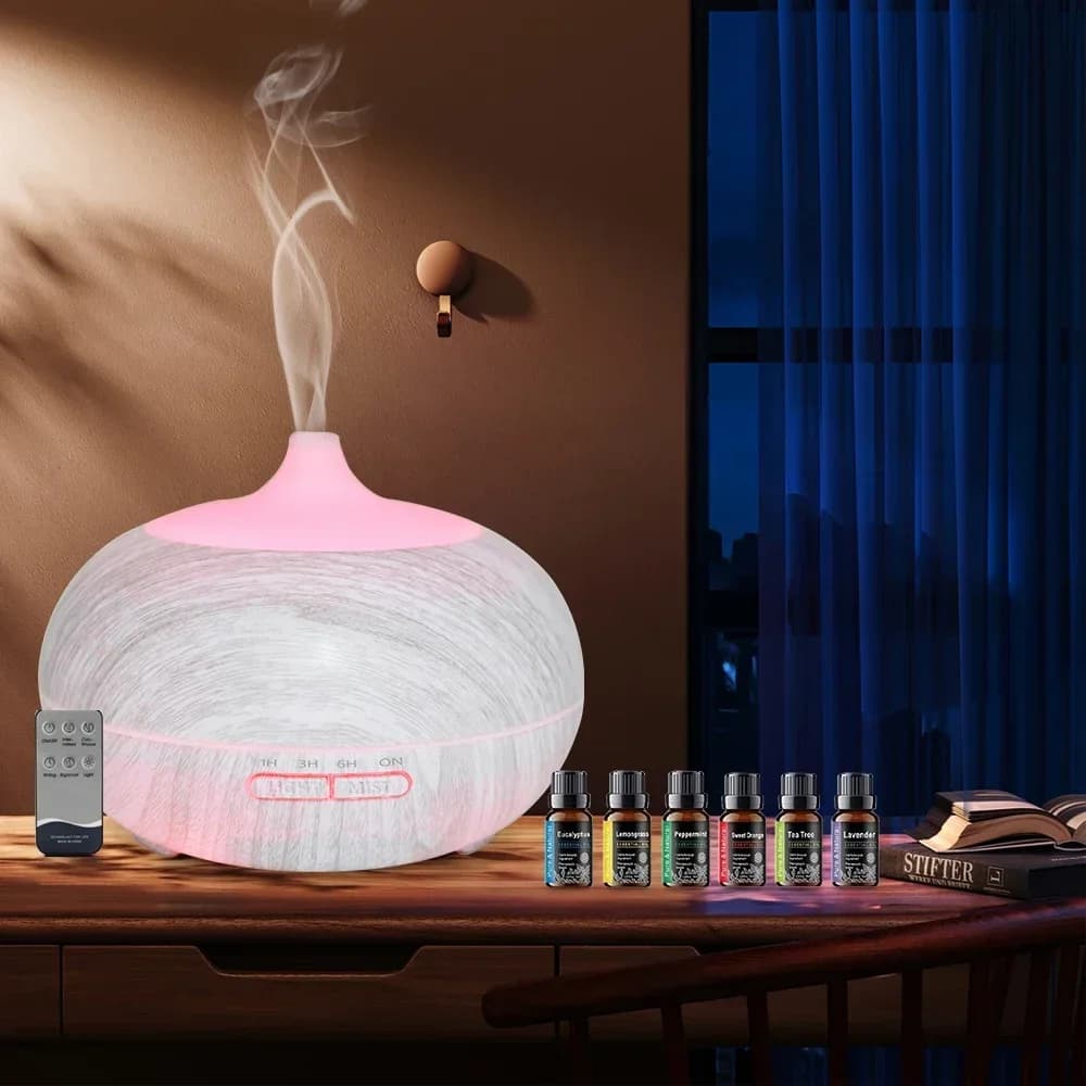 Diffusore di Oli Essenziali da 550ml con Effetto Legno, Telecomando, 6 Oli, Luce d'Atmosfera LED a 7 Colori
