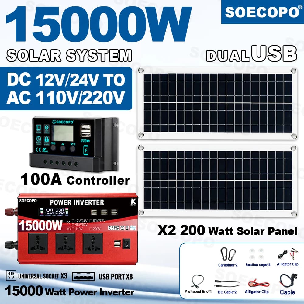 SOECOPO 15000W Kit Sistema Solare 2*200W Pannelli Fotovoltaici 12V 24V A 110V/220V Inverter 100A Controller Balcone Impianto Energetico