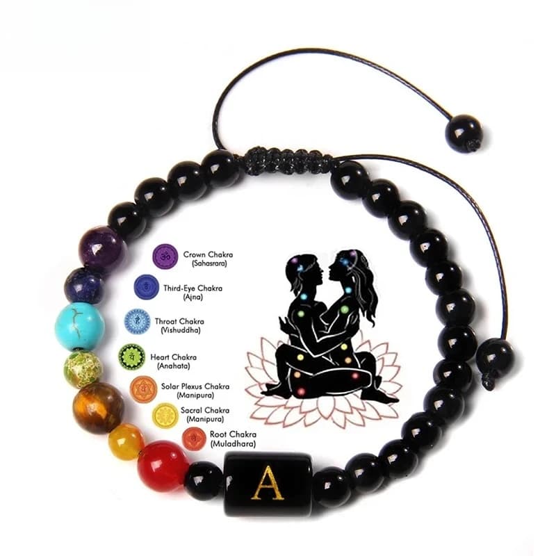 Bracciale 26 lettere 7 Chakra Bracciale iniziale con perline di pietra naturale Chakra Corda intrecciata regolabile Bracciale con perline yoga onice nero