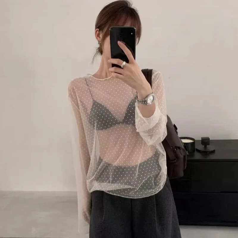 2026 New Hot Girl Pure Desire Polka Dot Lace Tops Women Hollow Out Sheer Long Sleeve Youthful Slim Layered Fashion Blouses