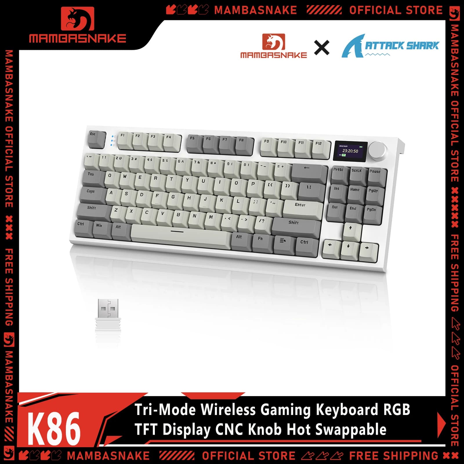 ATTACK SHARK K86 Tastiera Meccanica da Gaming Tri-mode 75% 87 Tasti Gasket Mount Display TFT Manopola CNC Hot Swap RGB