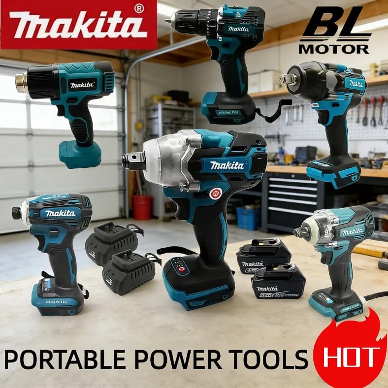 Set di Utensili Makita Senza Fili: Pistola Termica Digitale, Avvitatore a Impulsi, DTD173, DTW600, DDF487, DTD171, DTW700, TW004G