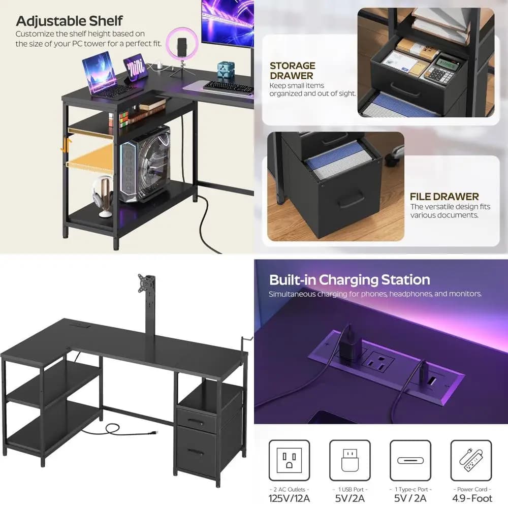 Adjustable L Monitor Support with Current, Fabric and Hook Grips, Ideal for Home Office or Living, Black
