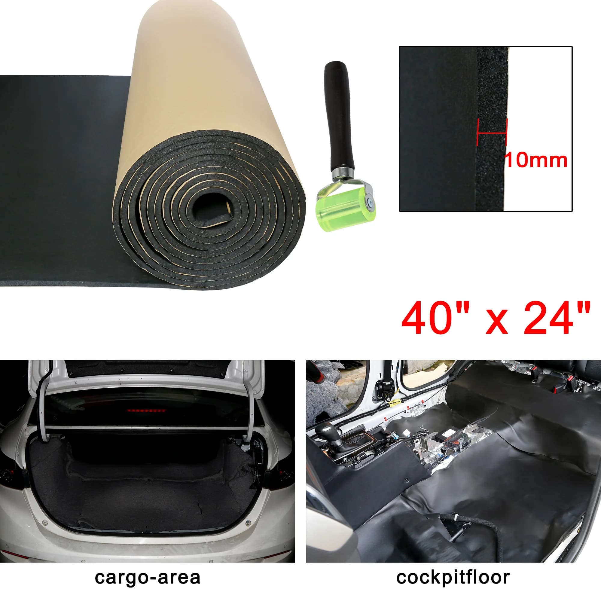 UXCELL 60x100cm "24"x40"New universal 1 Set Car Sound Insulation Mat 10mm Door Hood Engine Heat Insulation W/ Roller Push Tool