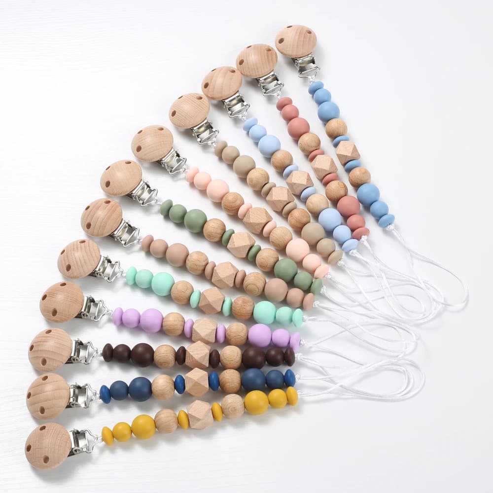 New Baby Pacifier Chain Clips Wood Silicone Round Octagonal Beads Teething Chain For Infant Appease Soother Dummy Holder Clip