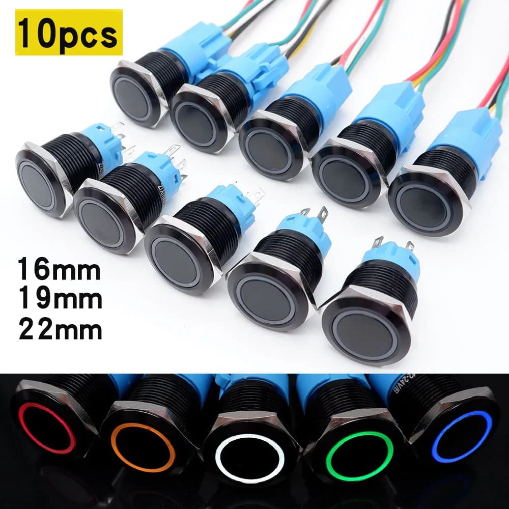 10 pieces metal button switch 12v 16mm 19mm black ring LED waterproof self-locking light reset auto starter switch 5v red