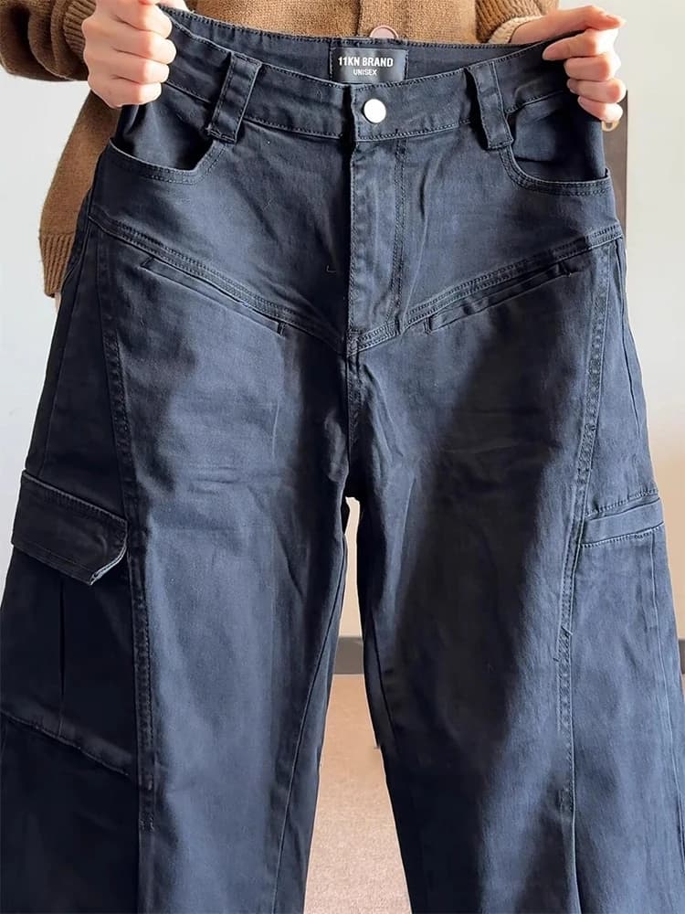 Retro American Multi-Pocket Work Pants Men's Loose Straight Leg Jeans Washed Cotton Wide Leg Denim Jeans Casual Straight Fit