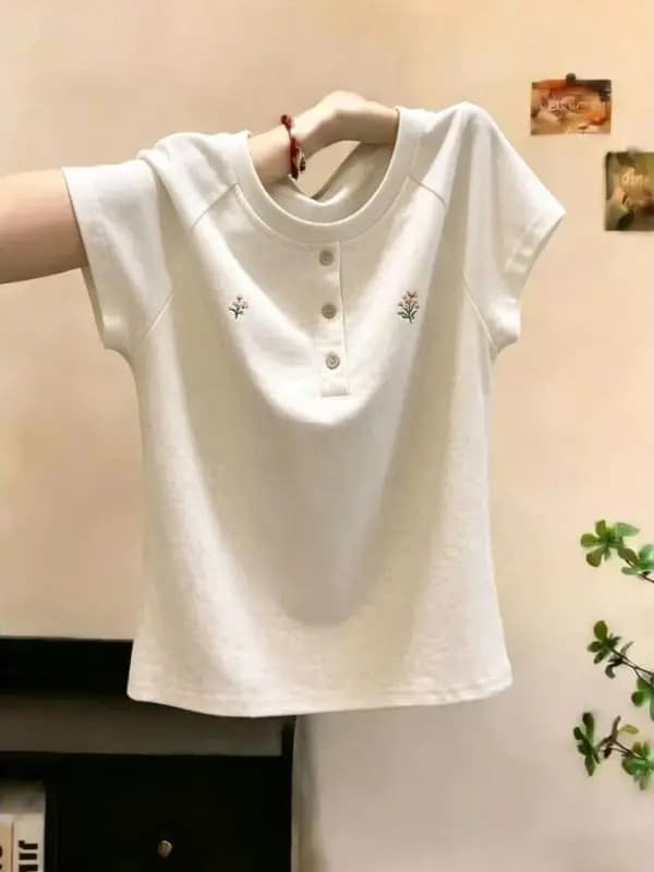 Retro American Embroidered White Short Sleeve T-Shirt Women's Slimming Waist Design Summer Cotton Blend Casual Top