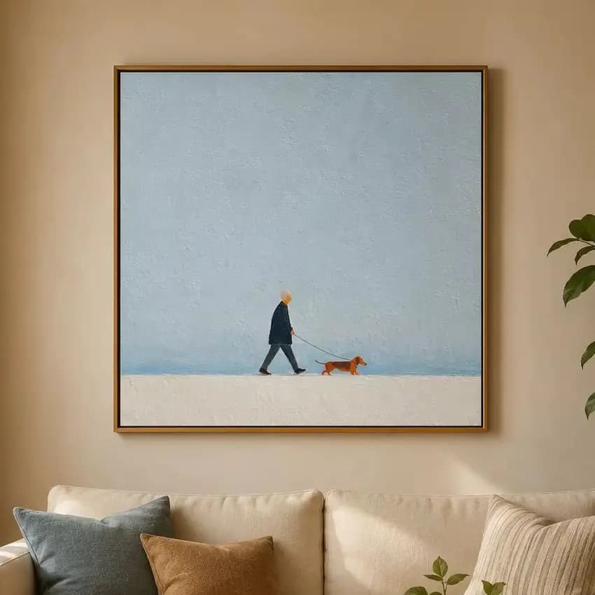 The Quiet Horizon Walk – Sky Blue Folk Man & Dog Portrait Painting | Minimalist Square Entryway Art for Bedroom, Living Room