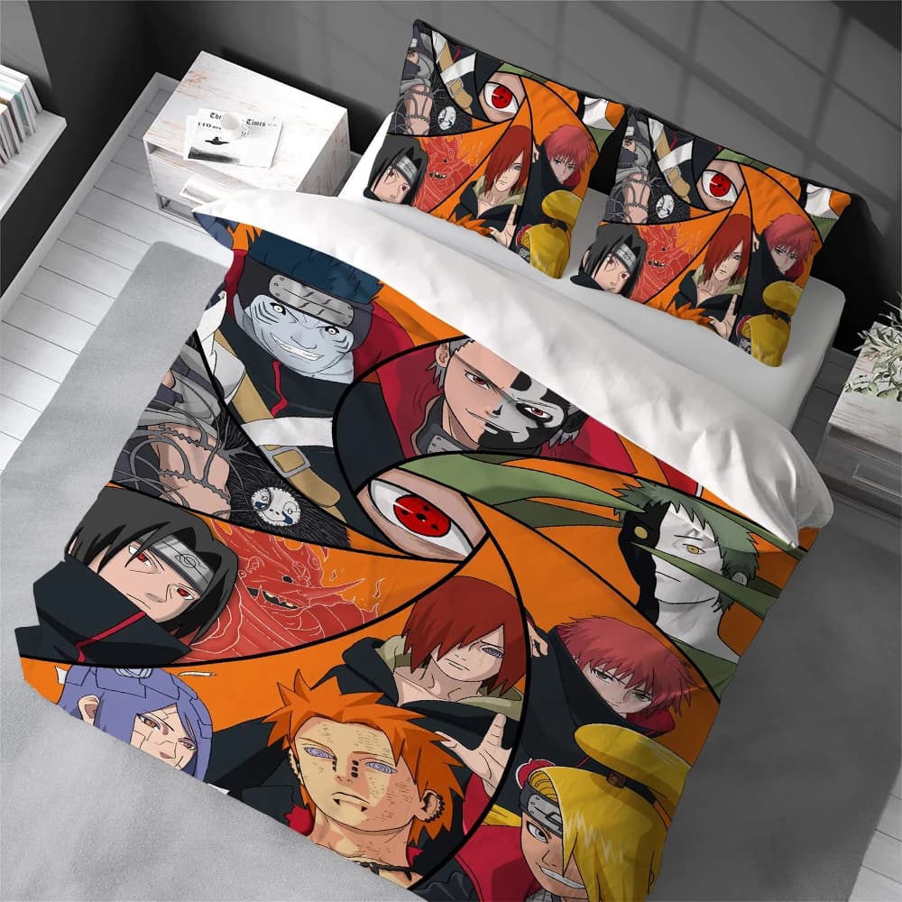 Set Copripiumino N-Naruto Akatsuki, Biancheria da Letto in Stile Casa, Morbido Cotone, Set 3 Pezzi, Regalo per Dormitorio Studentesco