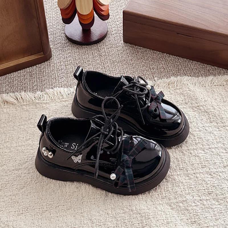 Children Casual Shoes New Leather Shiny Leather Girls' Small Leather Loafers Children's Bowknot Wine Red Flat Single Shoe