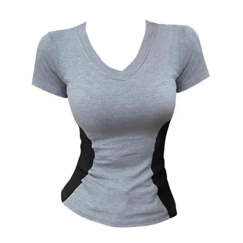 T-shirt da donna alla moda, slim fit, basic, patchwork, in cotone, estiva, sexy, a maniche corte, scollo a V, casual, top per donna