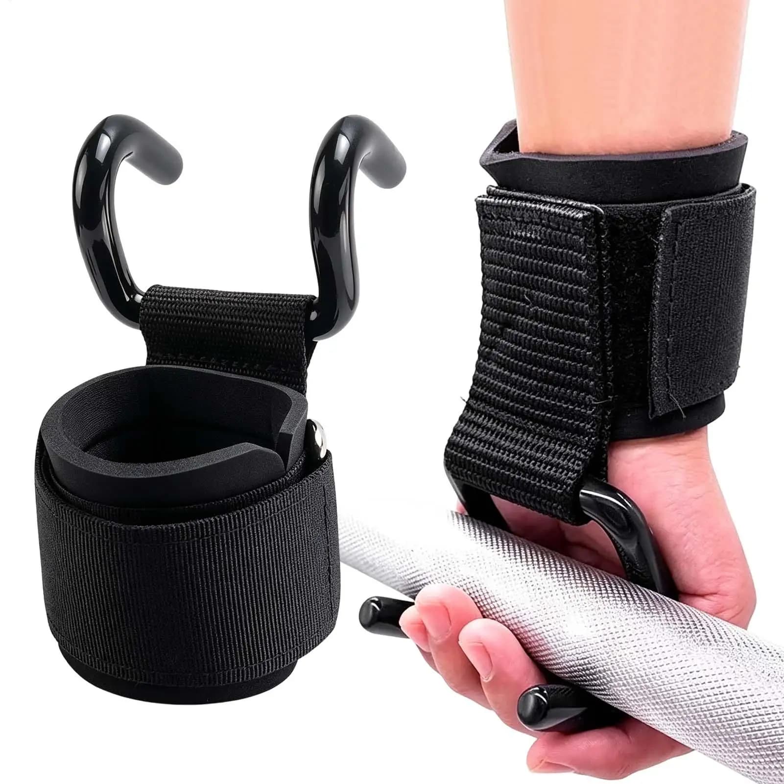 1Pair Weight Lifting Hook Grips With Wrist Wraps Hand-Bar Wrist Strap Gym Fitness Hook Weight Strap Pull-Ups Power Lifting Glove