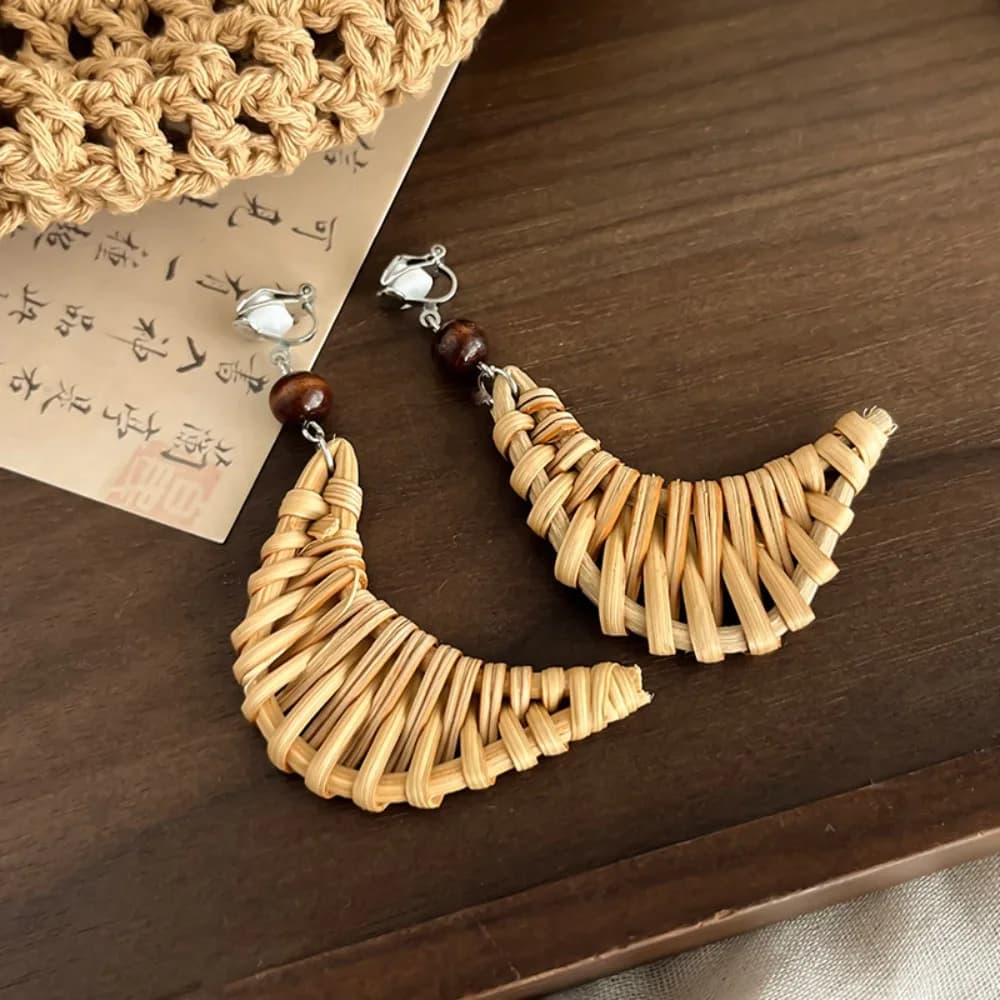 Temperament Round Rattan Weave Earrings Flower Circular Geometric Earrings Wood Vacation Style Bohemian Drop Earrings Party