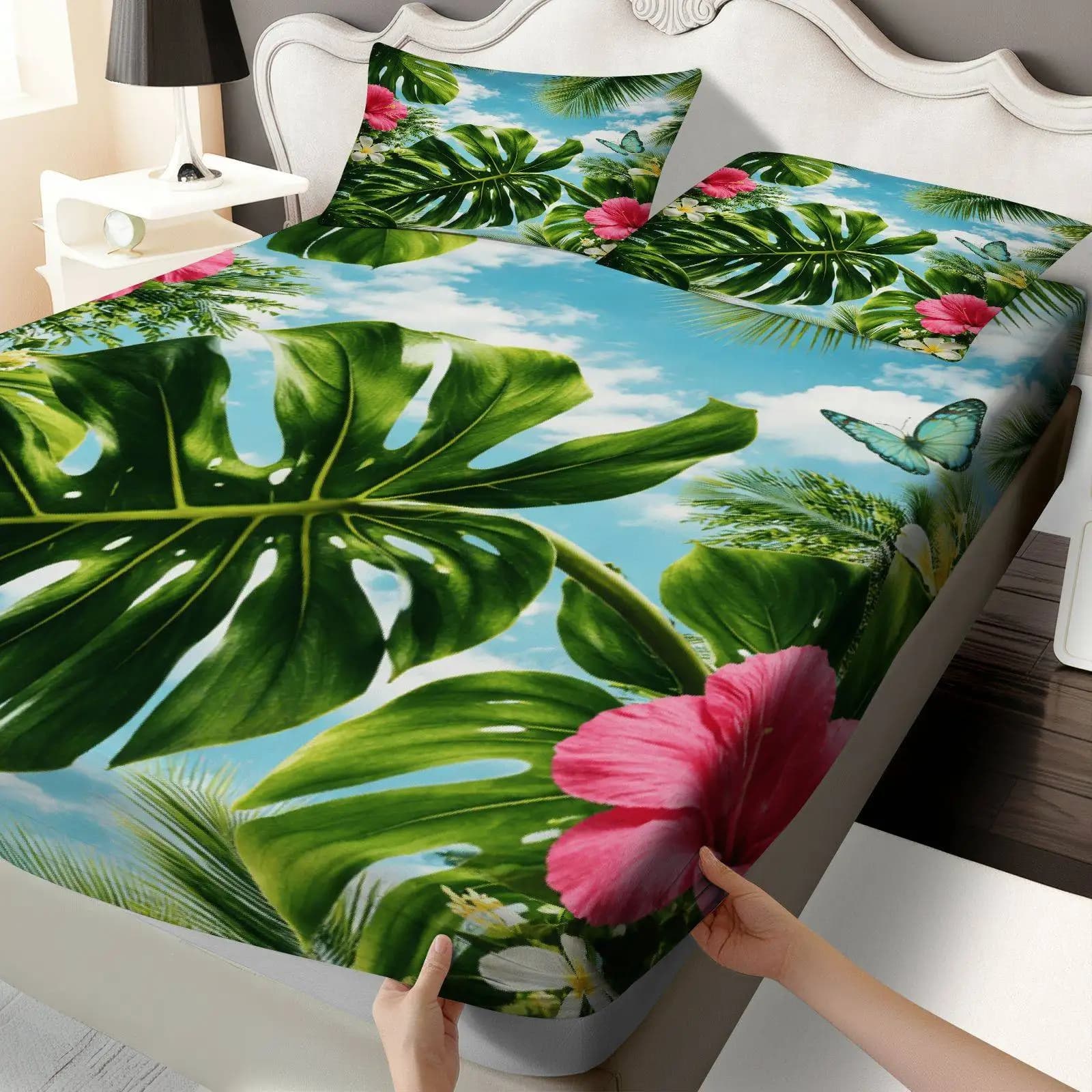 Tropical Hibiscus Bed Sheet Set, Summer Theme, Tropical Floral Bedding, Mattress Protector, 3-Piece Bedding Set (includes 1 fitted sheet + 2 pillowcases), Large Capacity Deep Pocket 2D Printed Fitted Sheet and 2 Pillowcases, Bedding Mattress Protector, Elastic Fitted Sheet Style, Protective Cover, Mattress Protector, Suitable for All Seasons, Machine Washable Design, Holiday Decoration, Various Sizes, Breathable Protective Cover with Pillowcases