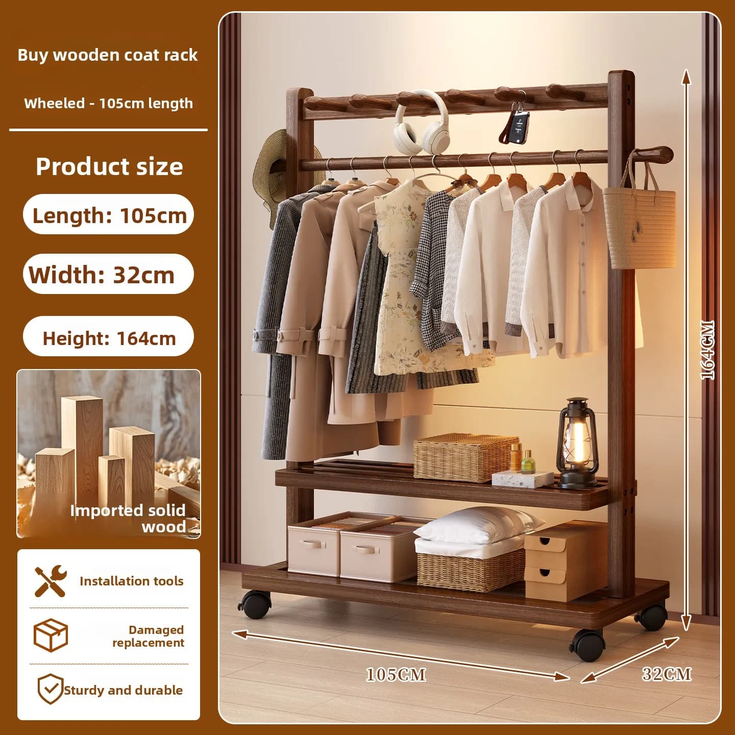 Solid Wood Hanger for Bedroom, Simple Ground Floor Hanger for Home
