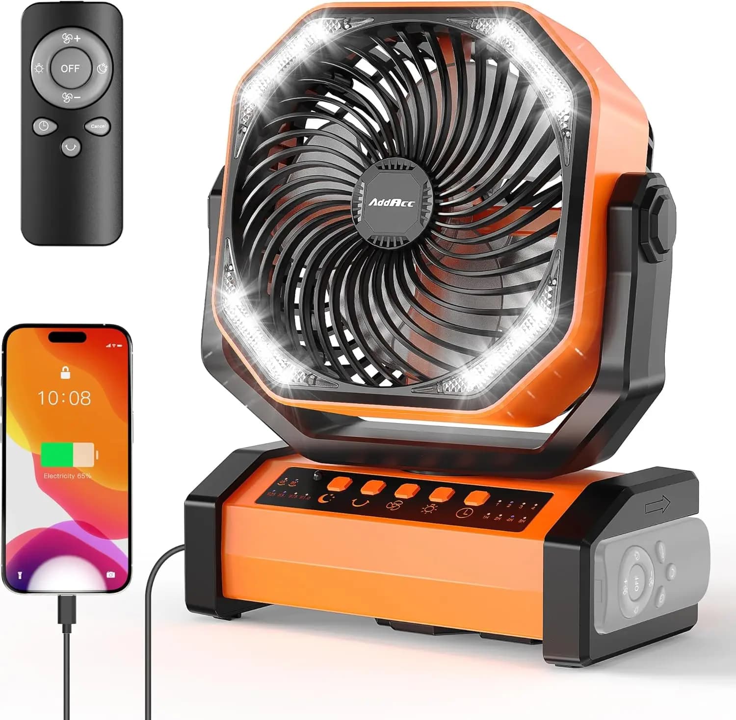 Ventilatore da Campeggio Ricaricabile da 20000mAh con Luce e Telecomando, Oscillazione Automatica, 4 Timer, 60 Ore di Autonomia, Ventilatore Senza Fili per Tenda, Viaggi, Esterni, Camper, Garage, Interruzioni di Corrente, Emergenze
