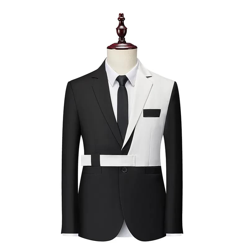 Blazer da uomo asimmetrico a blocchi di colore con cintura in vita, nuova collezione Primavera 2026 - Giacca elegante da business alla moda