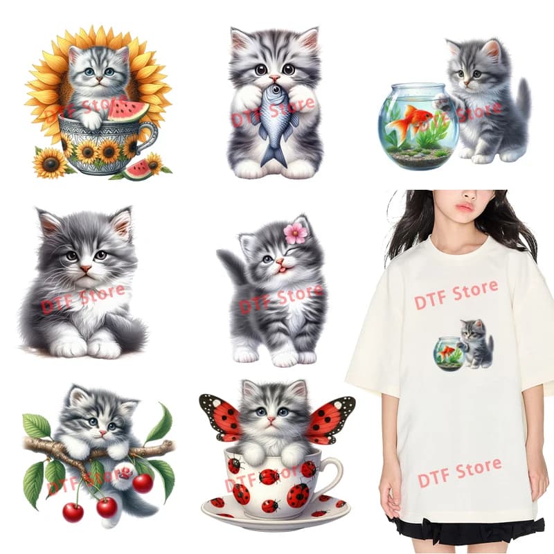 Una toppe dtf per gatti carini e spensierati per il trasferimento di calore dell'abbigliamento per la toppa della maglietta toppa lavabile per abbigliamento per bambini