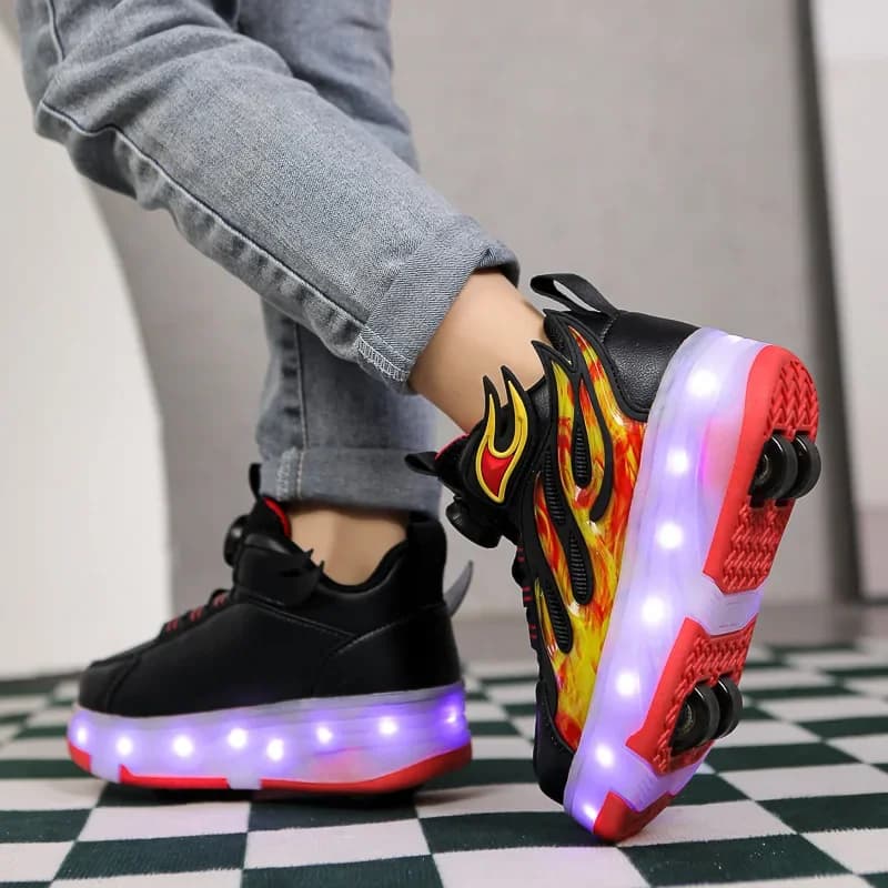 Wheels Gymnastics Shoes Gym Sports Footwear for Kids Wheels 4 Wheels Charge USB Lighted Shoes Casual Skateboard Shoes for Kids