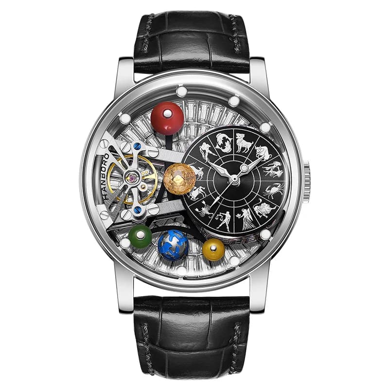 Orologio Automatico da Uomo HANBORO 43.5mm, Orologio da Polso Meccanico con Sfondo Luminoso in Cristallo, Quadrante Costellazione Luminoso, Globo Fluttuante