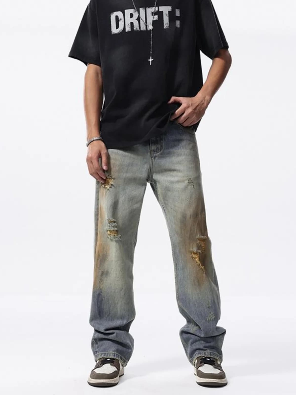Nuovi Jeans da Uomo Primaverili Stile Americano Desert, Effetto Invecchiato, Lavaggio ad Acqua, Gamba Dritta e Larga, Pantaloni Casual Lunghi