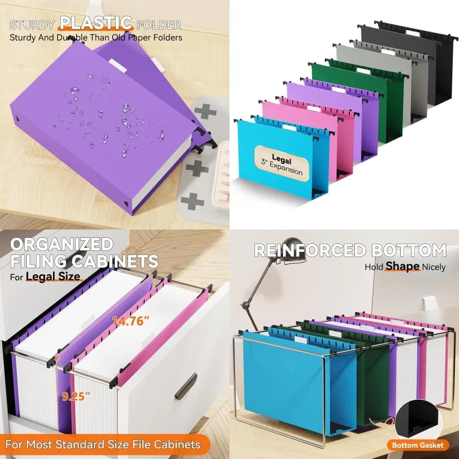 Cartelle di file sospese in plastica di dimensioni legali 3 Cartelle sospese rinforzate per carichi pesanti con capacità extra di espansione con linguette regolabili per