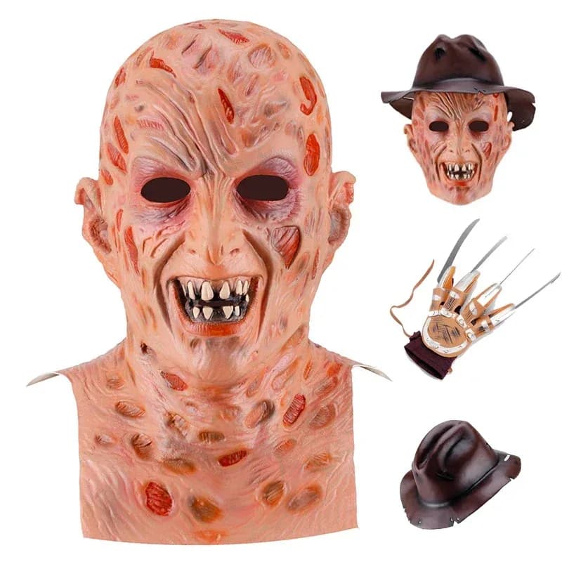 Horror Halloween Freddy Maschera Krueger Killer Cosplay EVA Guanti Cappello Costumi spaventosi Testa intera Maschera in lattice Forniture per feste in maschera