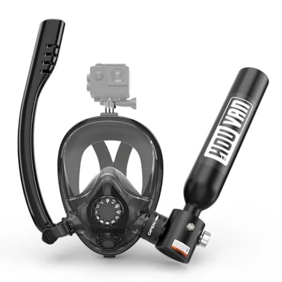Recreational snorkeling and shallow diving: aluminum alloy black compact 0.5L mini scuba tank with integrated full-face snorkel
