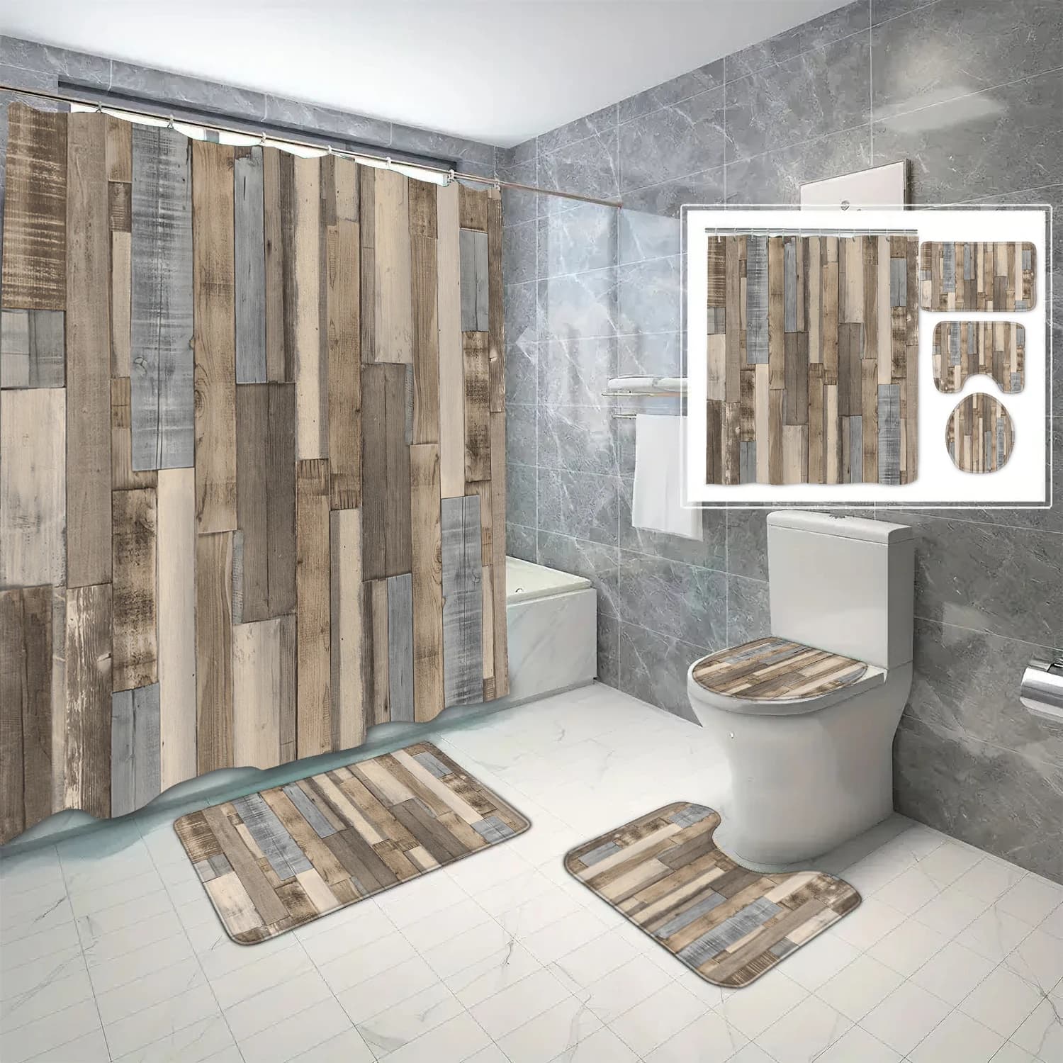 Set da 4 pezzi di tende da doccia impermeabili stampate con venature del legno marrone con 12 ganci e tappetini da bagno