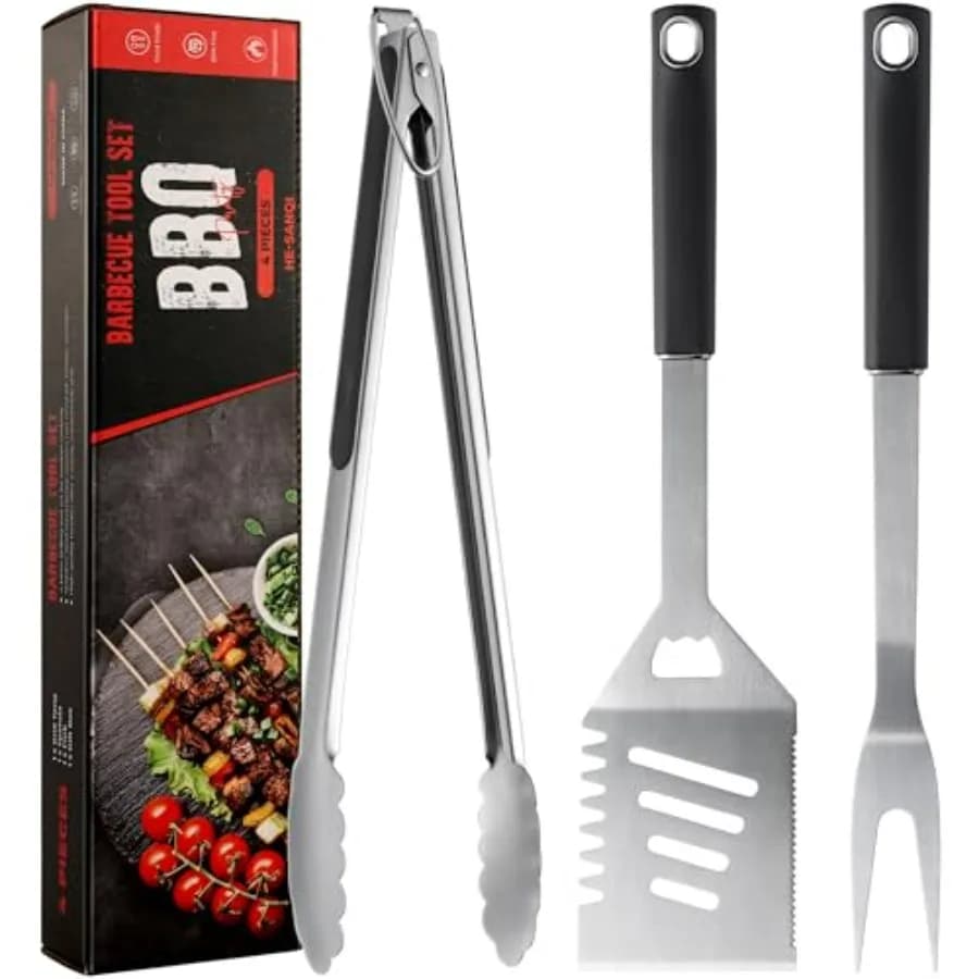 Kit di Accessori per Griglia - Set di Utensili per Barbecue in Acciaio Inox Resistente con Spatola, Forchetta, Pinze e Regalo-B