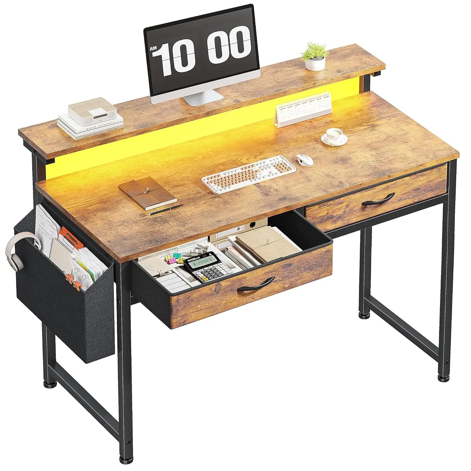 Scrivania da gioco con luci a LED e 2 cassetti in tessuto, scrivania per computer da ufficio da 39,4 pollici con tasca laterale e supporto per monitor ergonomico, S