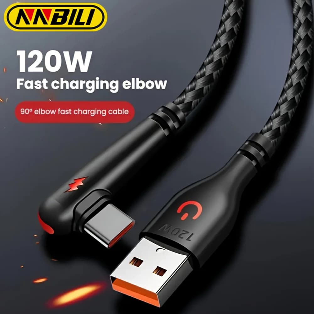 120 W Quick Rechargeable USB Type C Cable, Braided Nylon, 90 ° Folded Design, Suitable for high speed charging of Huawei opposite