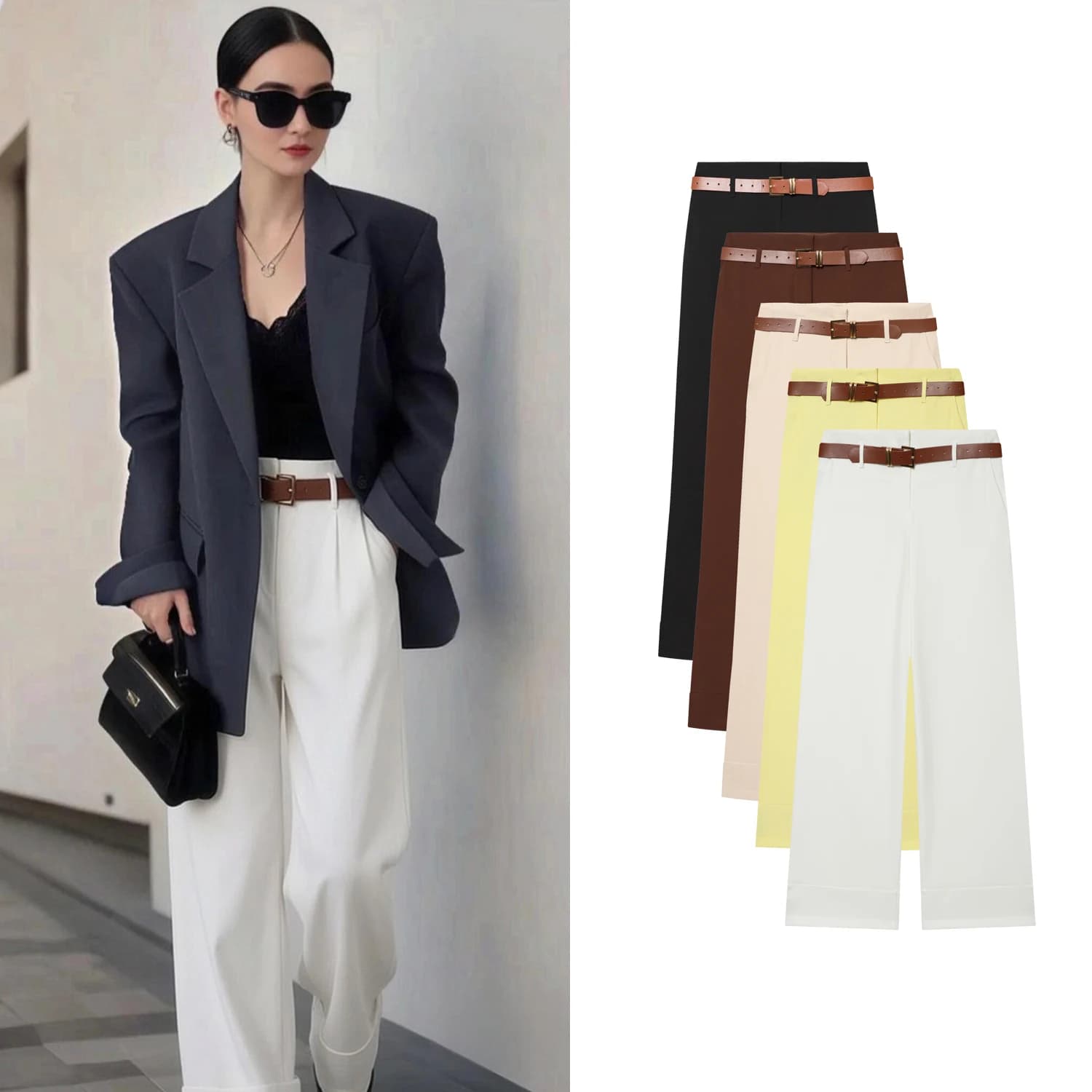 Pantaloni casual da donna primavera estate, a vita alta, gamba dritta, con cintura, eleganti e semplici, pantaloni da ufficio.