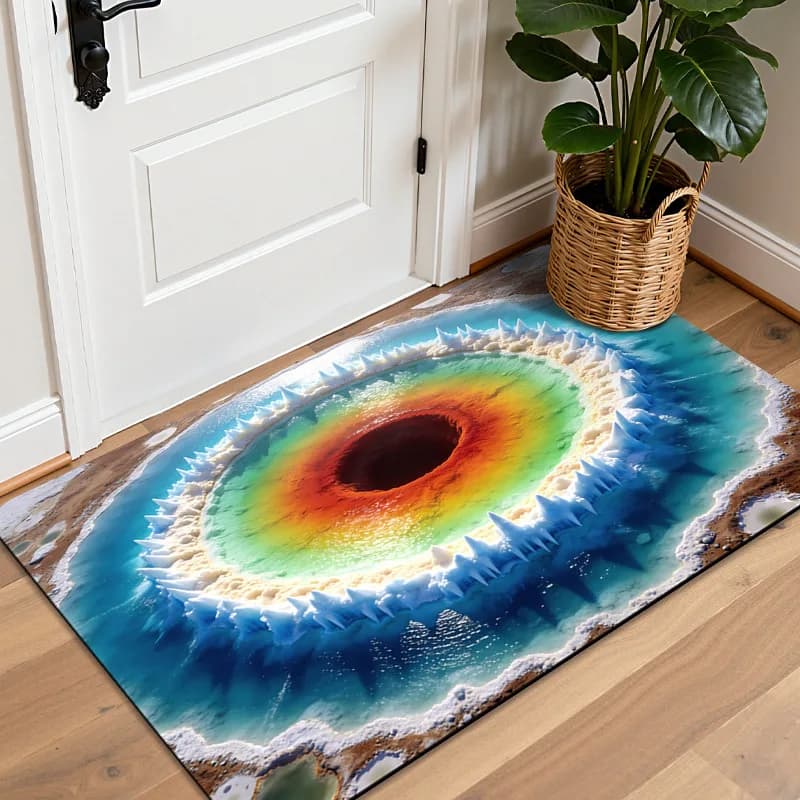 Tappetino da ingresso antiscivolo con stampa 3D di lago e crateri arcobaleno astratti, tappeto decorativo artistico naturale per la casa e la cucina