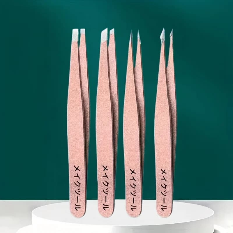 4Pcs Rose Golden Stainless Steel Tweezers Set Japanese Style Eyebrow Tweezers Slanted Flat Point Tip Precision Tool for Facial Hair Blackhead Debris Removal