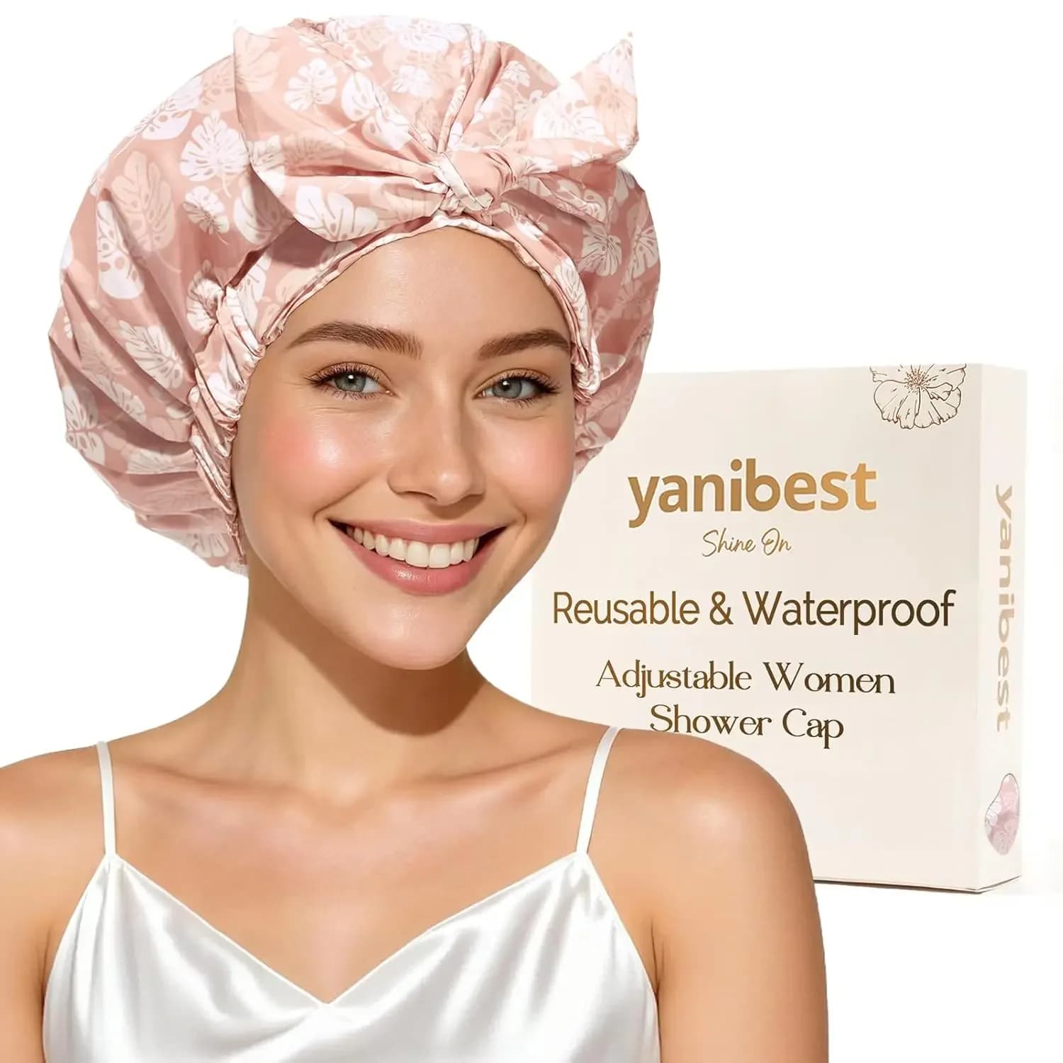 Shower Cap for Women Reusable Waterproof, Adjustable Non-Slip Shower Hair Cap, Washable Bath Hat for Long Hair