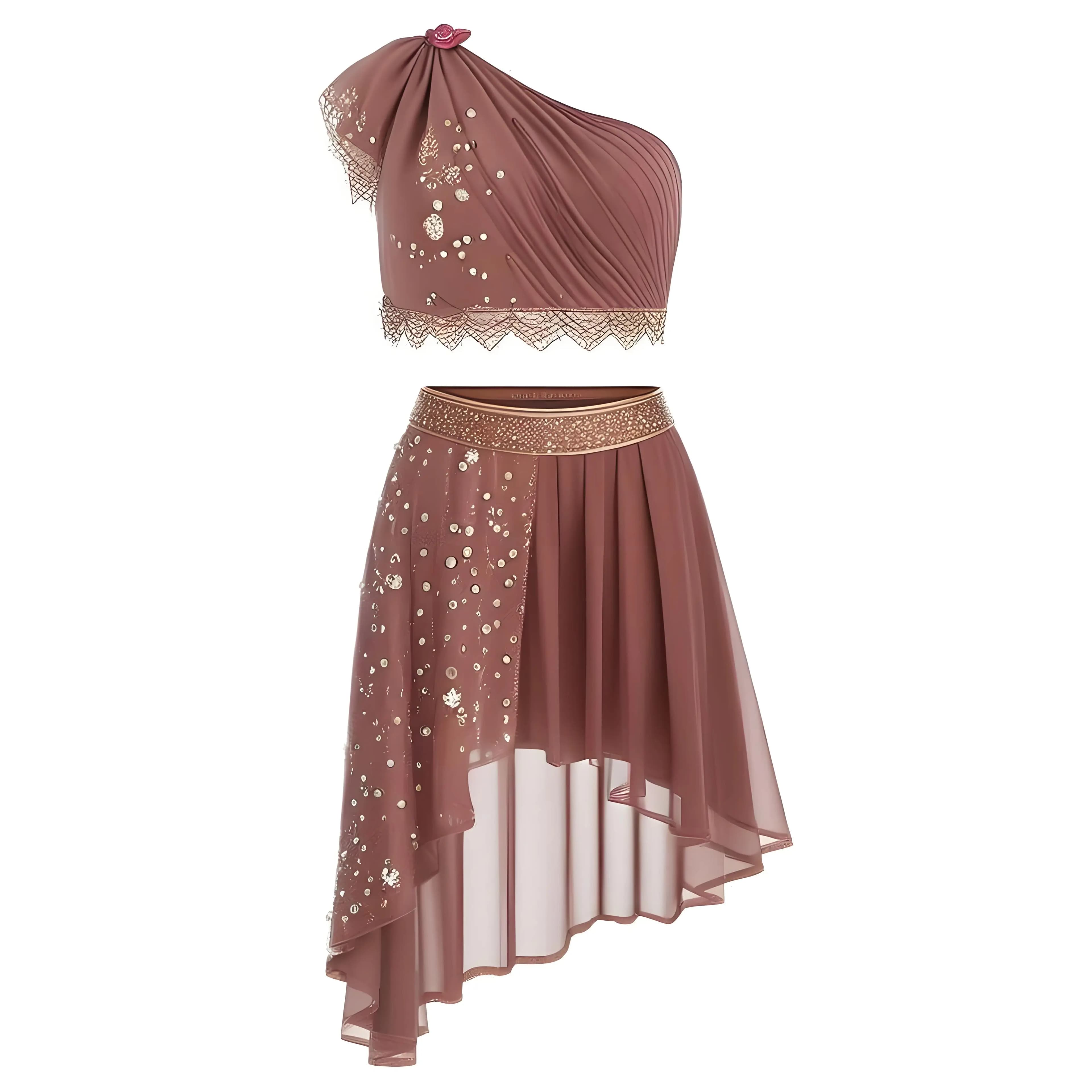 Set di danza lirica per bambina, costume moderno e contemporaneo, top corto con strass, con gonna, body, pattinaggio di figura, performance di danza