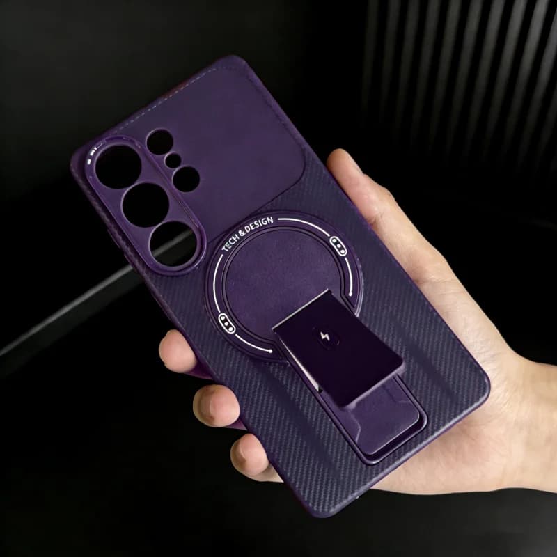Phone Case with Carbon Fiber Magnetic Bracket for Samsung S26 Ultra S25 Edge S24 FE S23 S22 Plus A35 A36 A52 A16 A15 A14 A07 A06