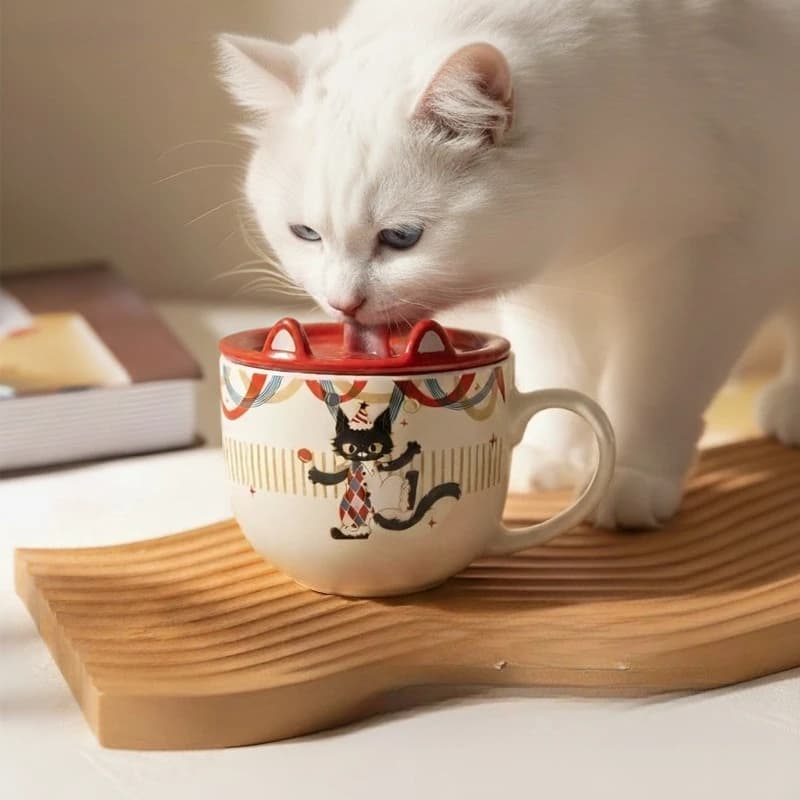 Tazza per acqua per gatti in ceramica Ciotola per alimentazione per animali domestici Tazza per bere per animali domestici umani a doppio uso Coperchio carino Ciotola per acqua per alimenti facile da pulire per uso di sicurezza del gattino