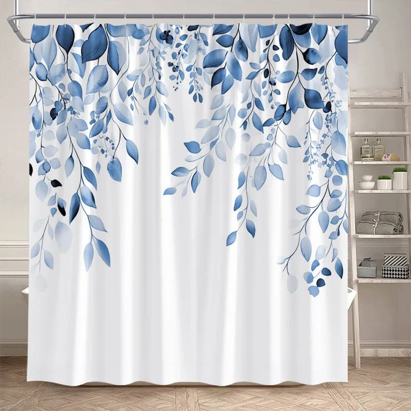 Tende da doccia con foglie floreali blu, tende da bagno botaniche con foglie di eucalipto in acquerello, decorazioni per il bagno in poliestere con ganci