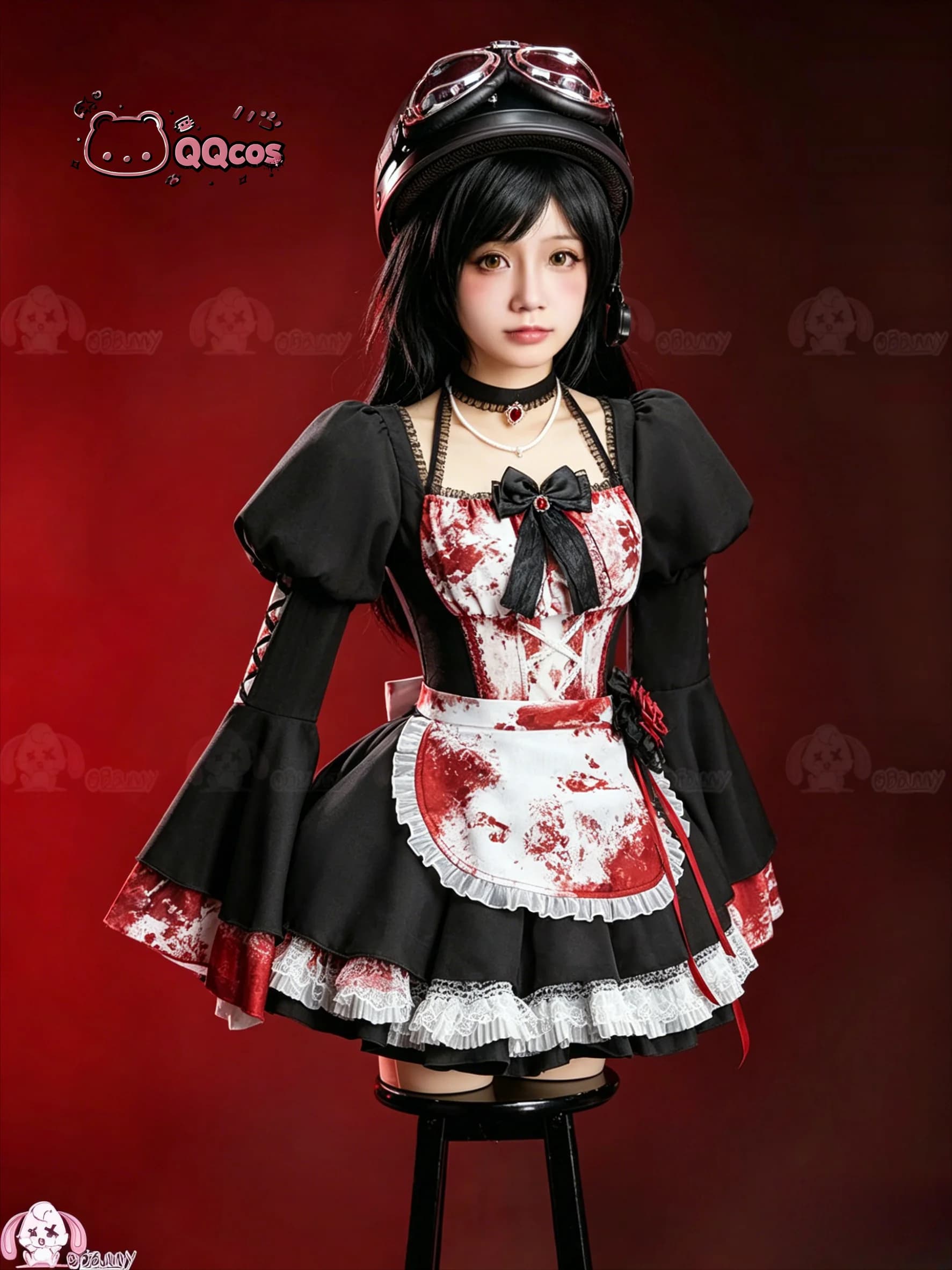 Serie Cosplay QQcos Game: Abito da cameriera ribelle in stile gotico, completo di dettagli in pizzo e volant, per Halloween. Set completo per cosplay.